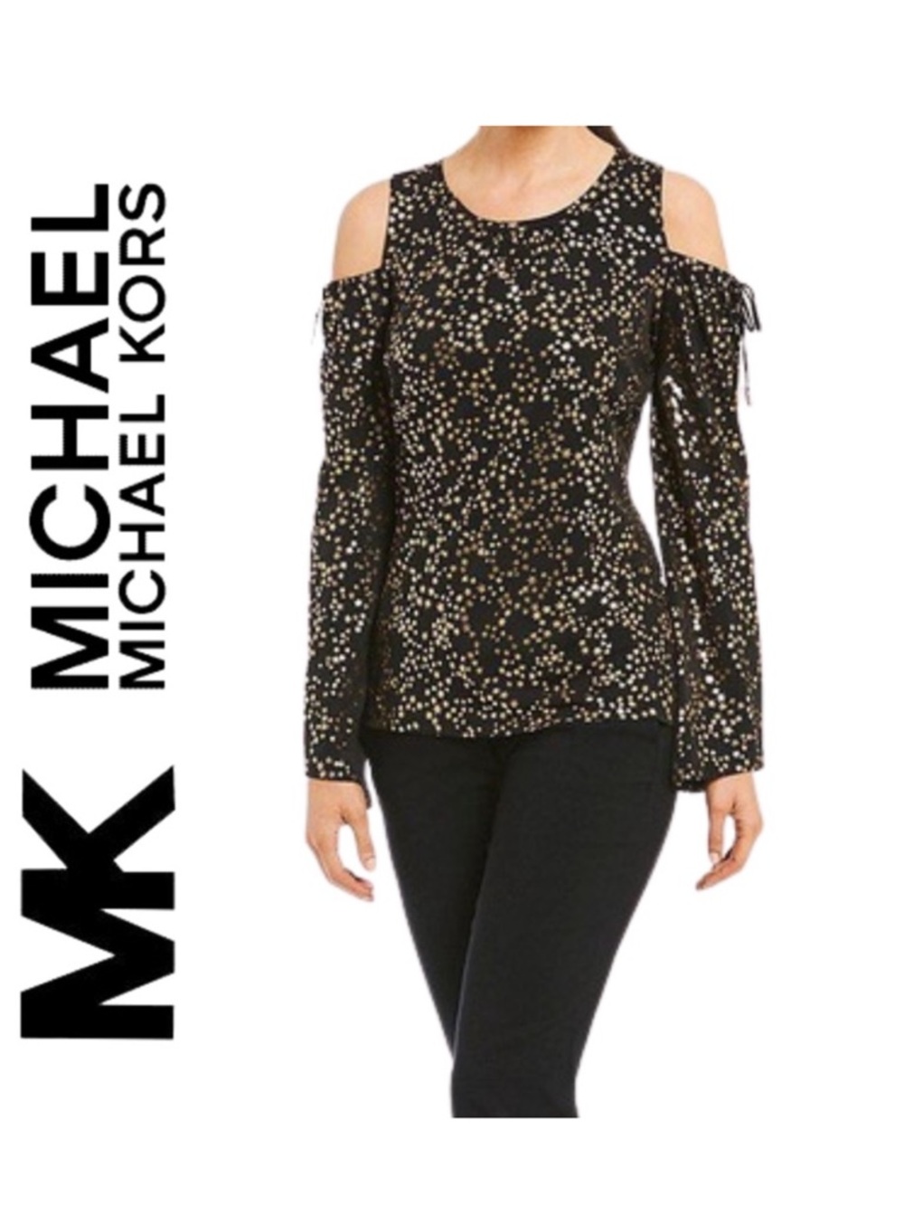 MICHAEl Michael Kors Gold Shoulder Glitz Top-Black & Gold Leopard Print